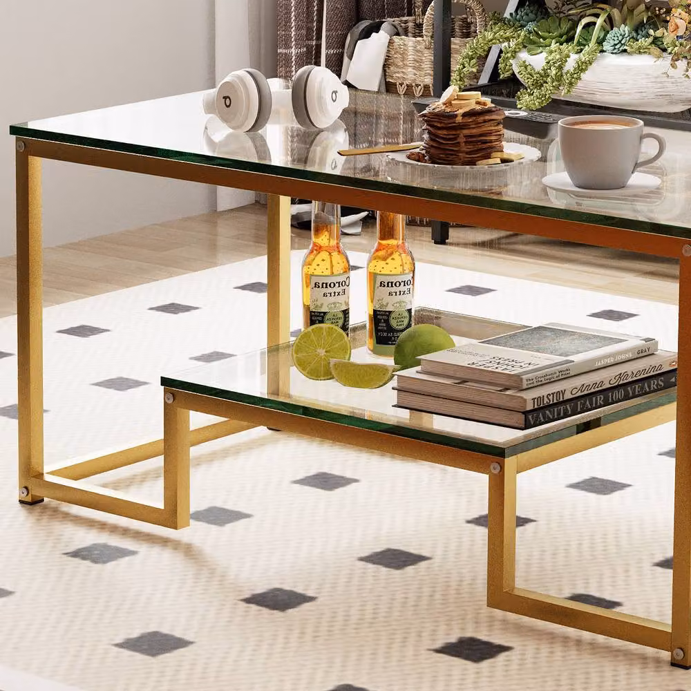 Huhote Modern Rectangular Glass Coffee Table with Gold Metal Frame – 8