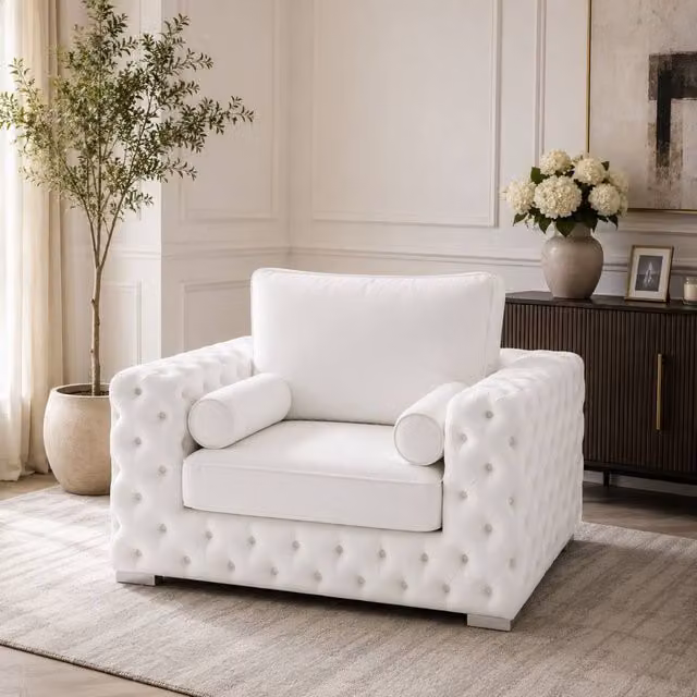 Stratus Interiors Ashley Full Back Chesterfield Plush Velvet Armchair in White