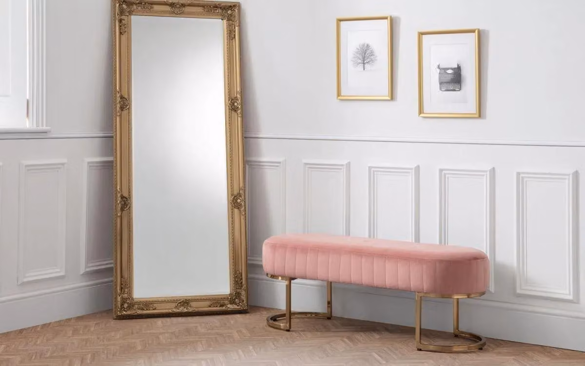 Ashfield Velvet Cushion Bench in Baby Pink with Gold Metal Frame – 2