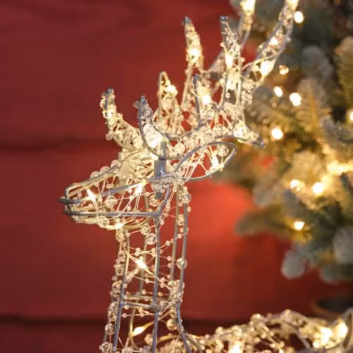 Lights4fun Set of 2 Beaded Micro Reindeers and Sleigh with Warm White Micro LED Lights in Silver, White and Transparent – 3
