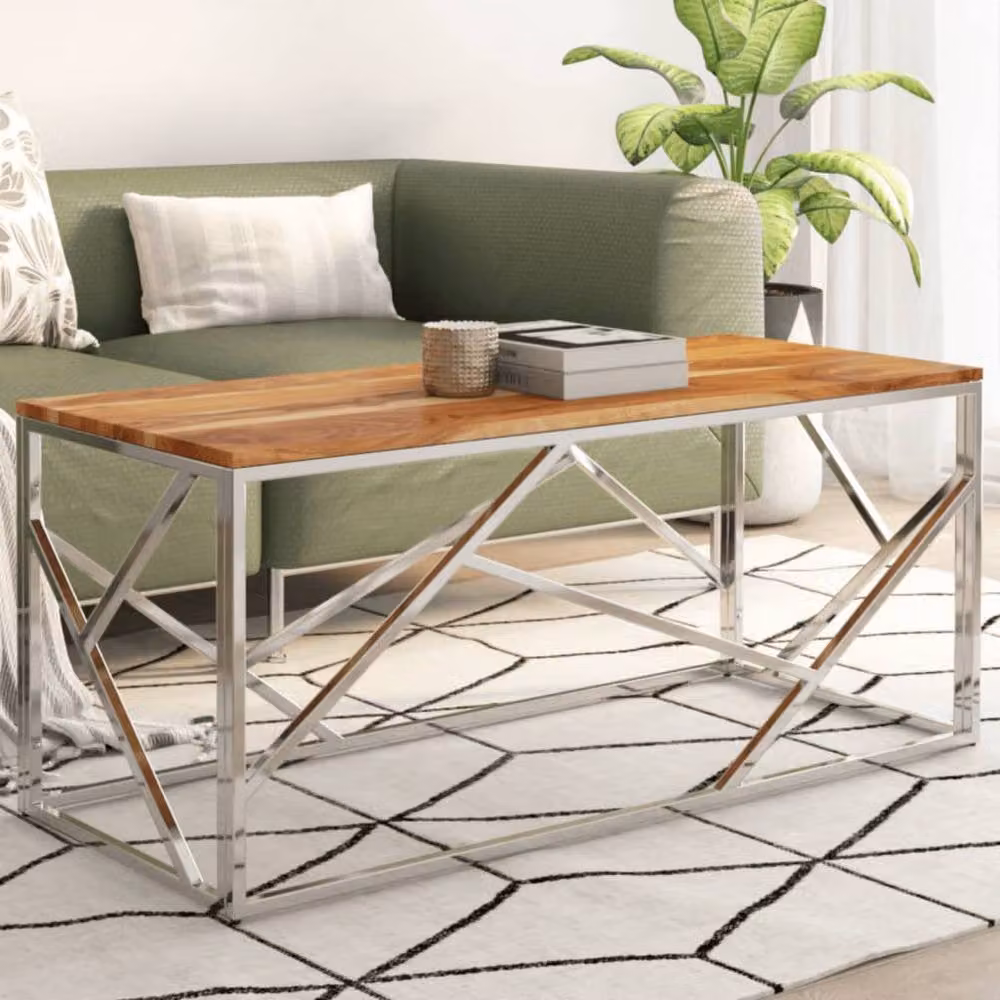 Berkfield Home Rectangular Coffee Table in Silver Stainless Steel and Brown Acacia Wood – 2