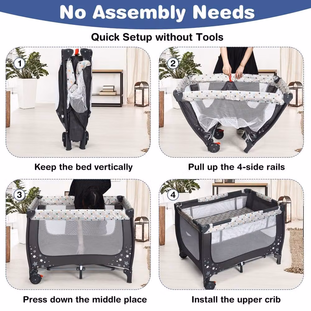 Costway 2-in-1 Foldable Baby Playpen and Bassinet Bed Activity Centre with Mattress in Grey and Multicolour – 7