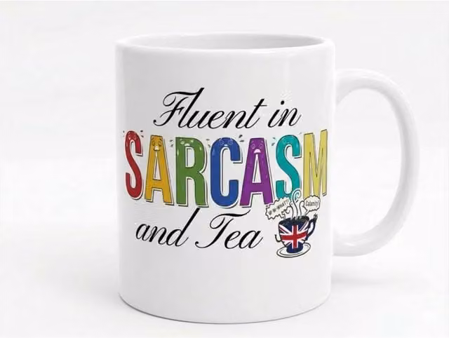 Dyzi Fluent in Sarcasm and Tea Funny Quote Ceramic Mug in White