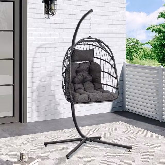 Breeins Rustic Polyrattan Hanging Lounge Chair with Stand and Grey Fabric Cushions