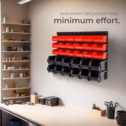 tectake 31 Piece Wall-Mounted Storage Organiser with Pegboard and 30 Stackable Plastic Bins in Black and Red – 7