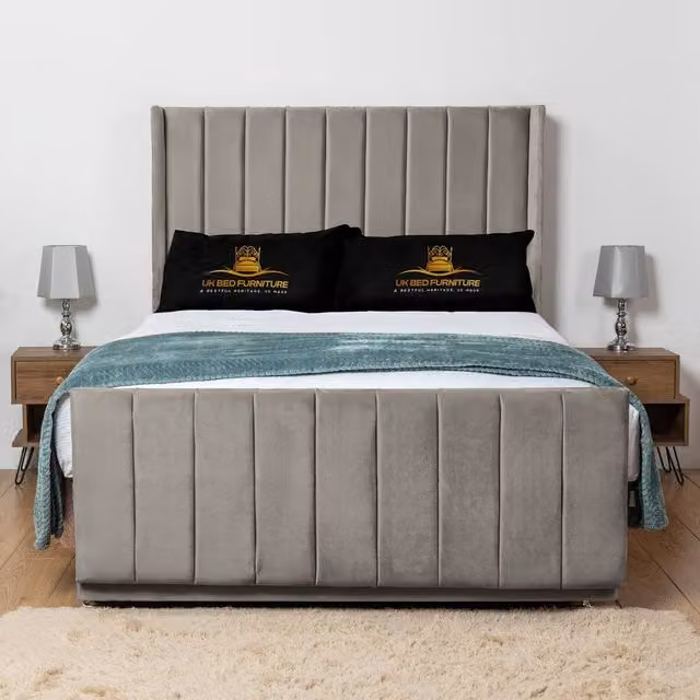 UK Bed Furniture Seoul Wingback Divan Bed Base with 54 Inch Headboard, Light Beige Velvet Fabric, W/D/H: 120 x 200 x 137.16 cm