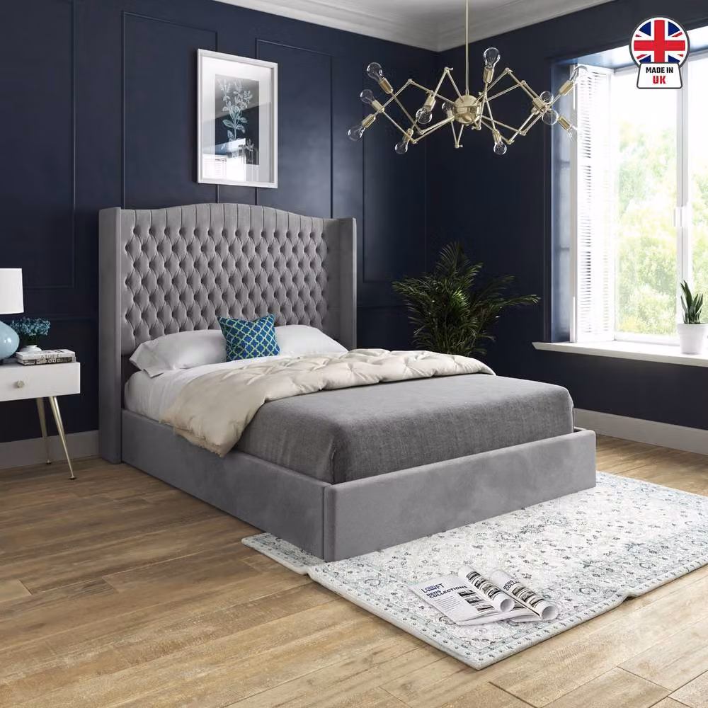 KDMD Stonegrave Winged Upholstered Designer Bed Frame in Grey Soft Velvet, Small Double, W/D/H: 120 x 200 cm – 3
