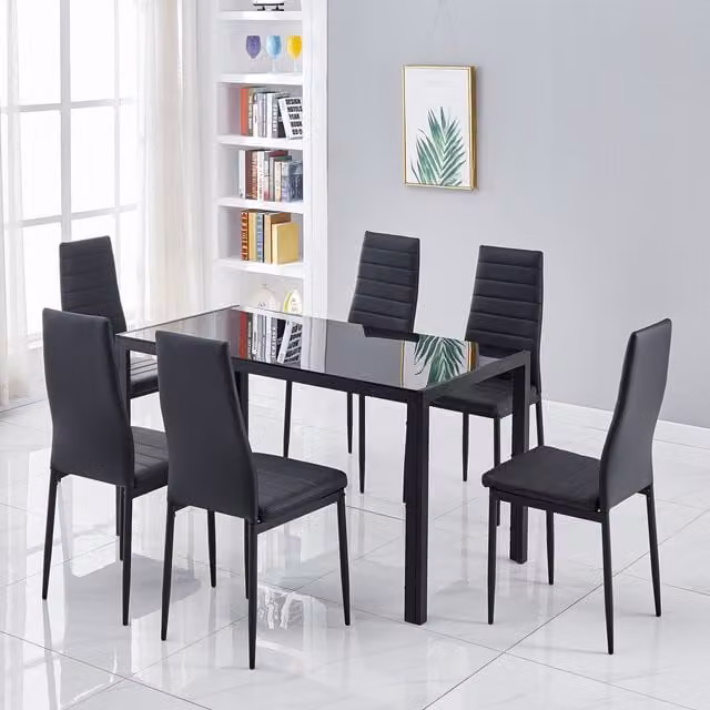 Kosy Koala Black Glossy Glass Rectangular Dining Table Set with 6 Chairs