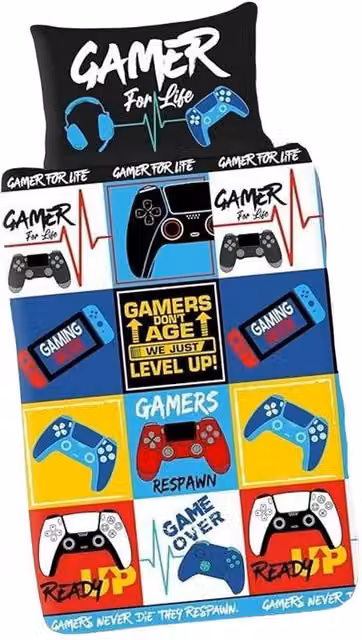 Gamer Levels Reversible Graphic Duvet Set and Pillowcase in Multicolour, Single Size (90 x 200 cm)