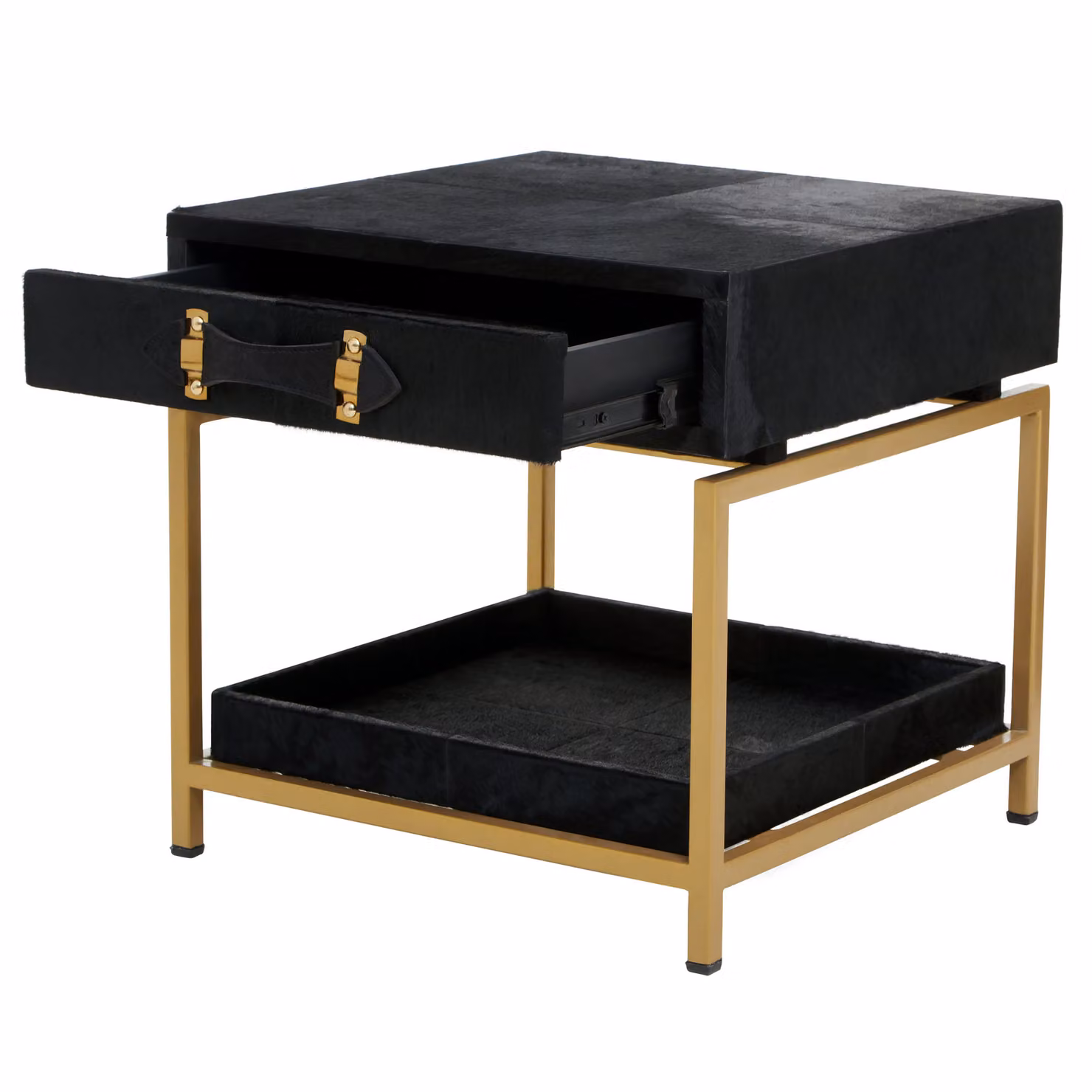 Orsina Black Hair On Hide Bedside Table with Gold Frame – 2