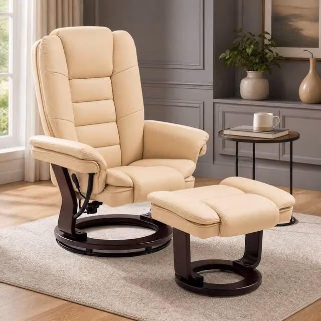 STILVORA Modern Beige Faux Leather Recliner Chair with Matching Ottoman and Armrests