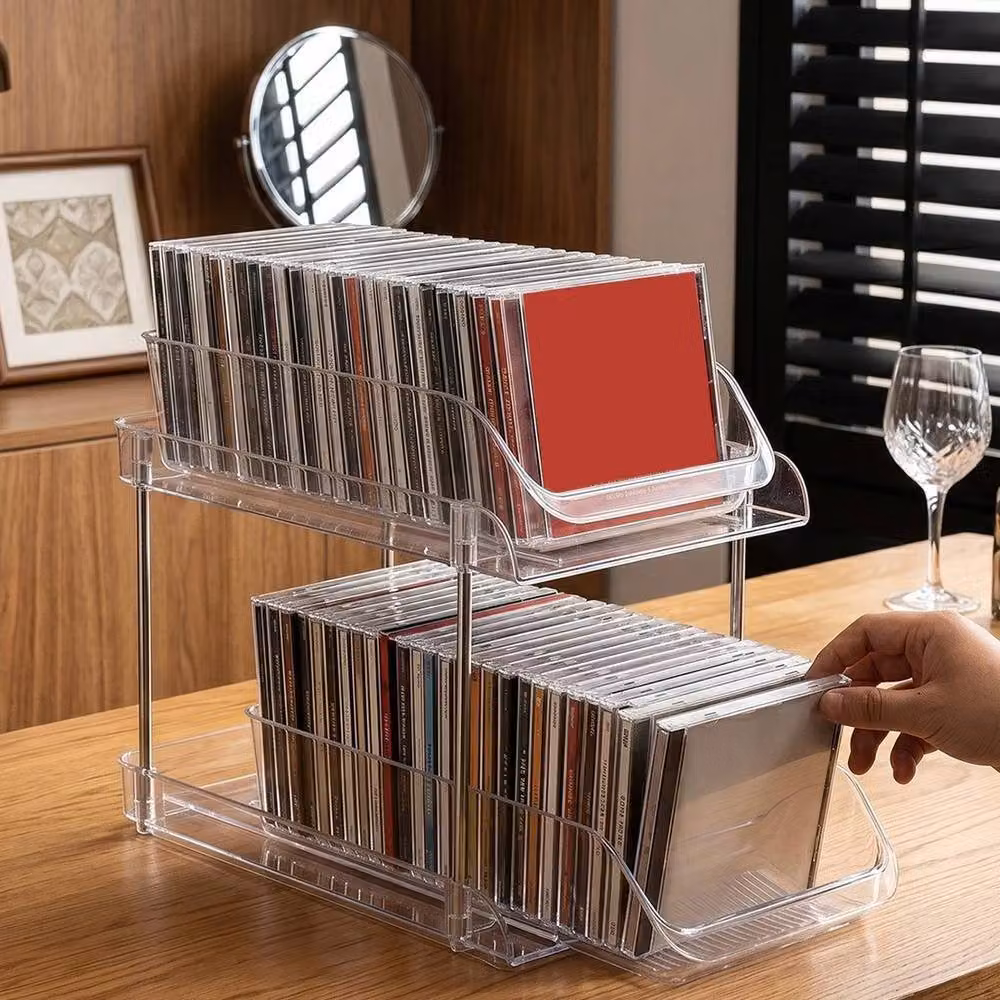 Ventryn 2-Tier CD DVD Storage Rack, Clear Plastic Drawer Organizer, Transparent – 3