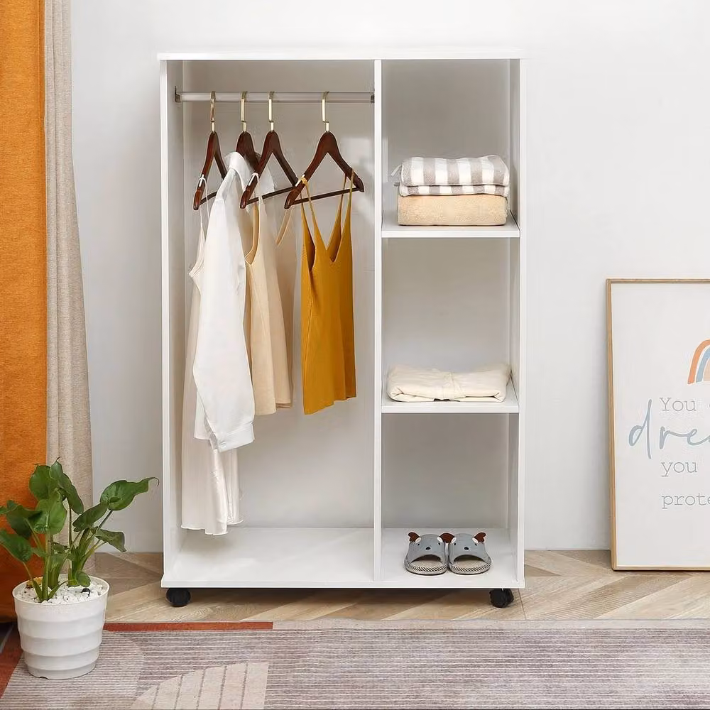 NESTLUNE Rolling Open Wardrobe with Hanging Rail and Storage Shelves, White, W: 100 cm, D: 15 cm, H: 128 cm – 2