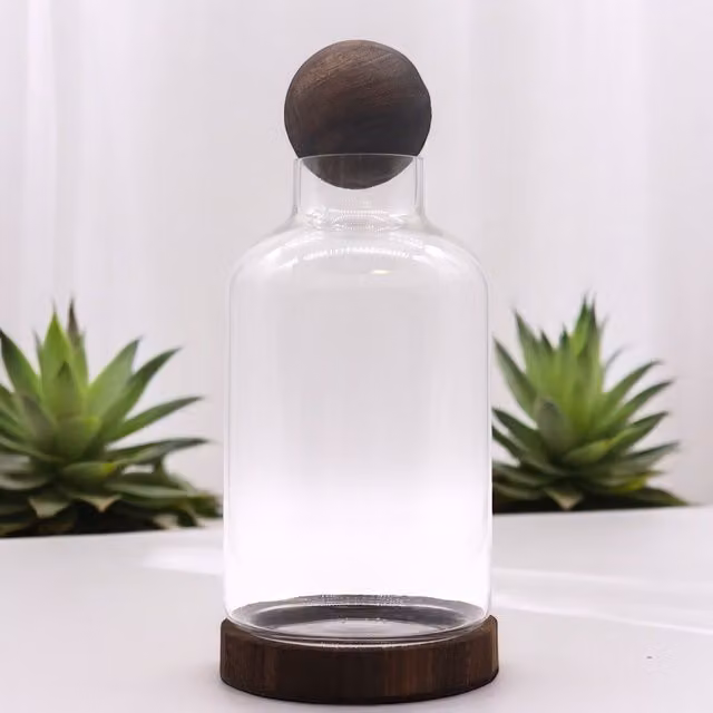 KDMD Large Round Glass Ball Top Terrarium on Dark Brown Tung Wood Tabletop Display