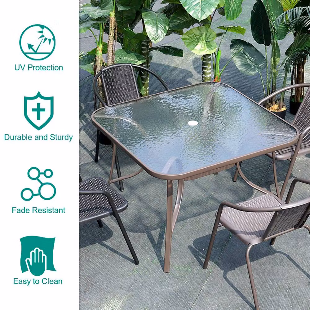 Living and Home Baldwin 4 Seater Dining Set in Brown with Glass, Rattan and Steel – 5