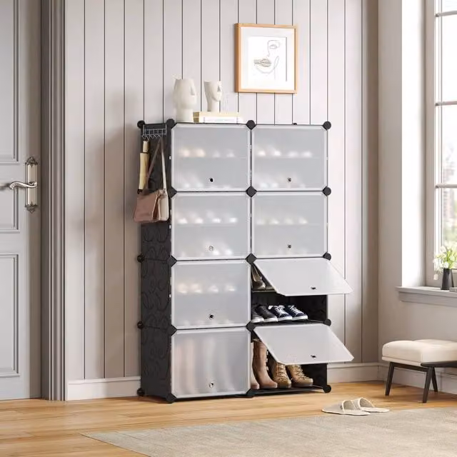 KORVIXA Black 8 Piece Portable Plastic Shoe Cabinet with Hinged Doors, W: 100 cm, H: 125 cm