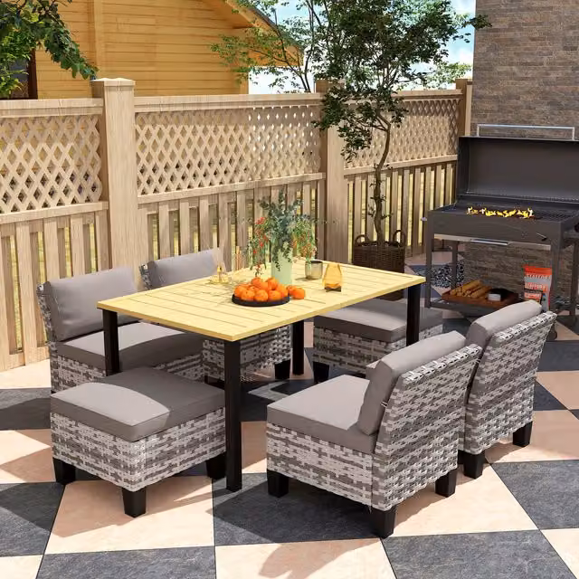 Outsunny 7-Piece Grey Polyrattan Garden Dining Set with Rectangular Table and 6 Chairs