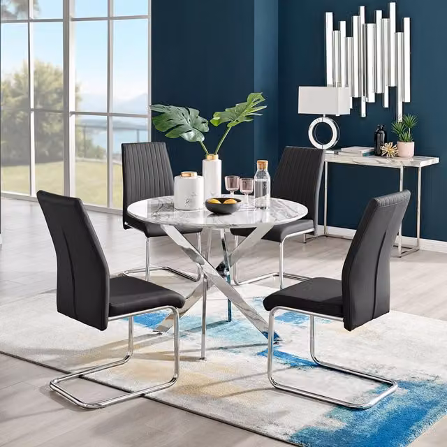 FurnitureboxUK Novara White Marble Effect Round Dining Table with 4 Black Lorenzo Chairs