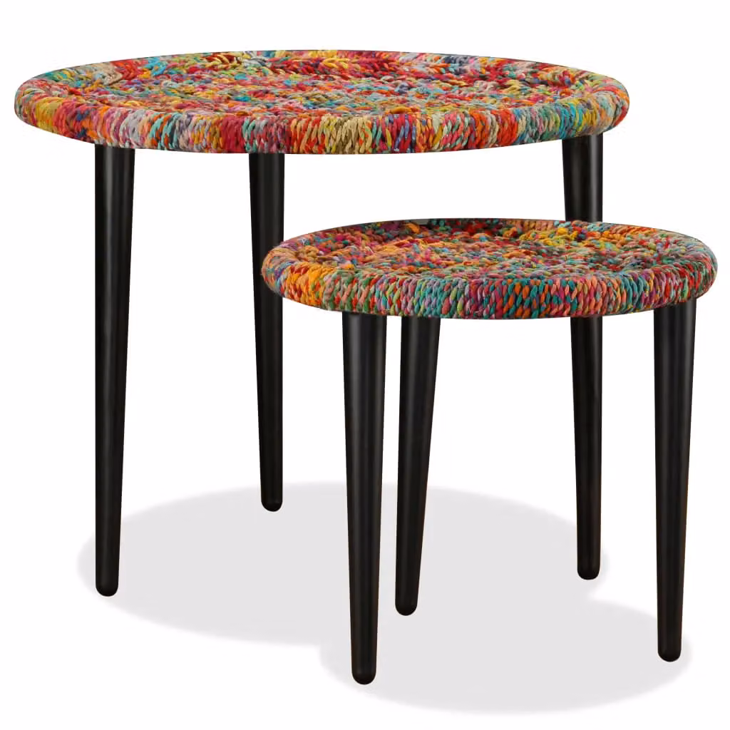 Berkfield Home 2 Piece Multicolour Round Coffee Table Set with Chindi Weave Details and Metal Legs – 2