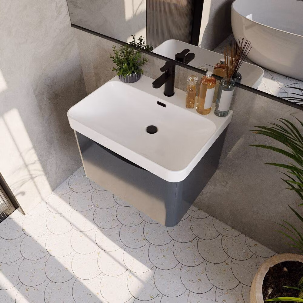 Balterley Arch Wall Hung 1-Drawer Bathroom Vanity with Ceramic Basin, Black and Grey, W: 60 cm – 3