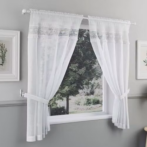 Tyrone Textiles Lucy Embroidered Heart White Kitchen Window Curtain Pair with Frill Edging and Matching Tie Backs, Drop: 91 cm, Width: 140 cm