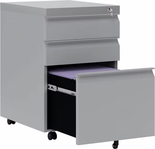 Rolipo 3-Drawer Mobile Steel Filing Cabinet with Anti-Tilt Lock in Grey