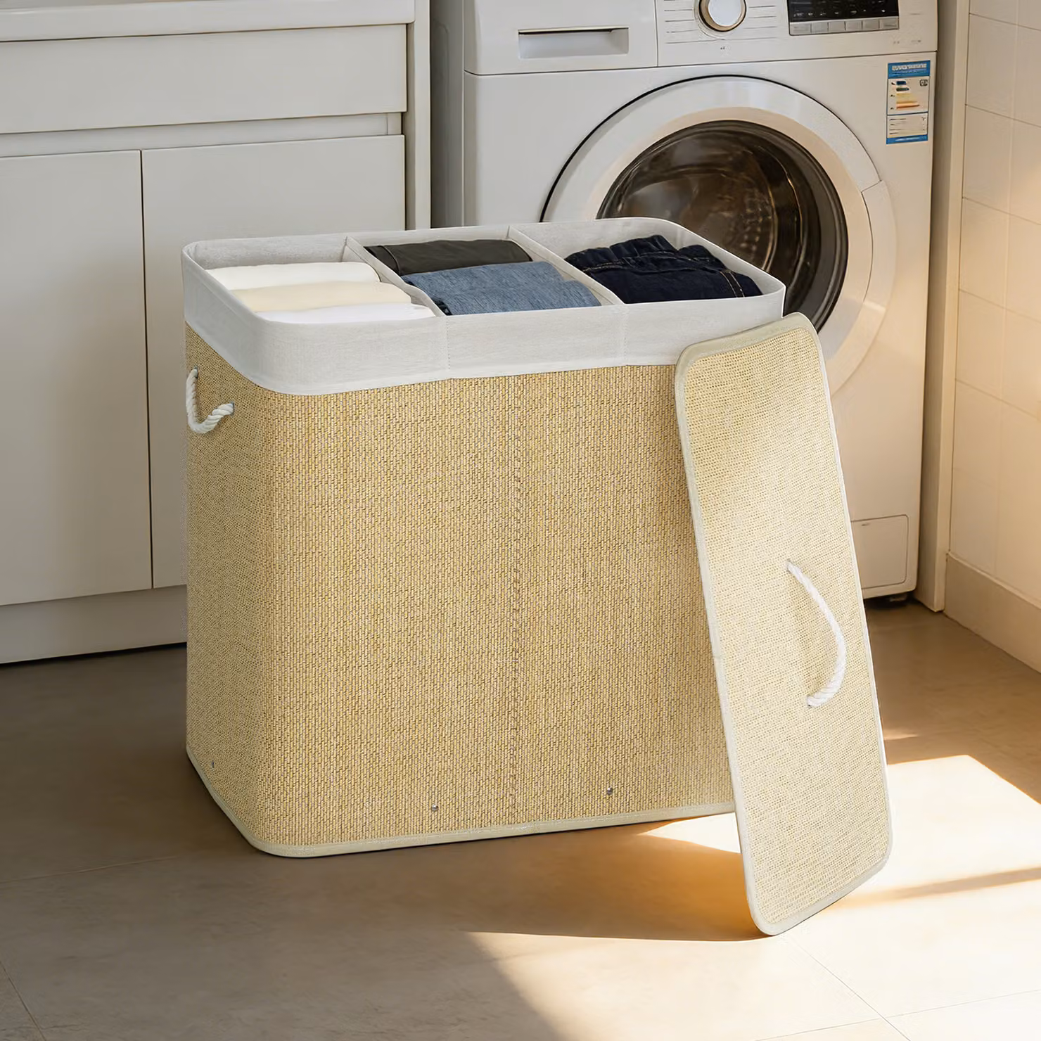 HOMCOM 3 Section Bamboo Laundry Hamper with Lid and Handles, 144L, Cream White and Beige – 2