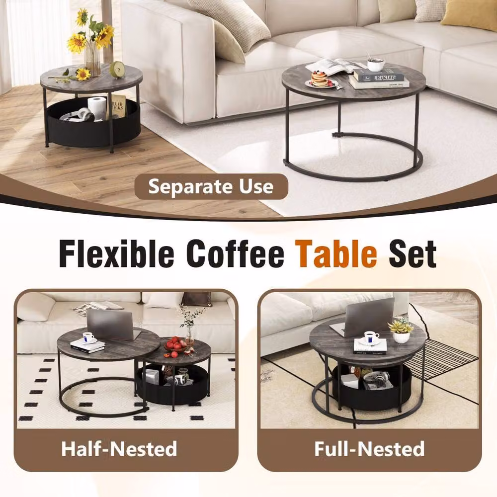 Costway Set of 2 Modern Round Metal Coffee and Side Tables in Grey – 6