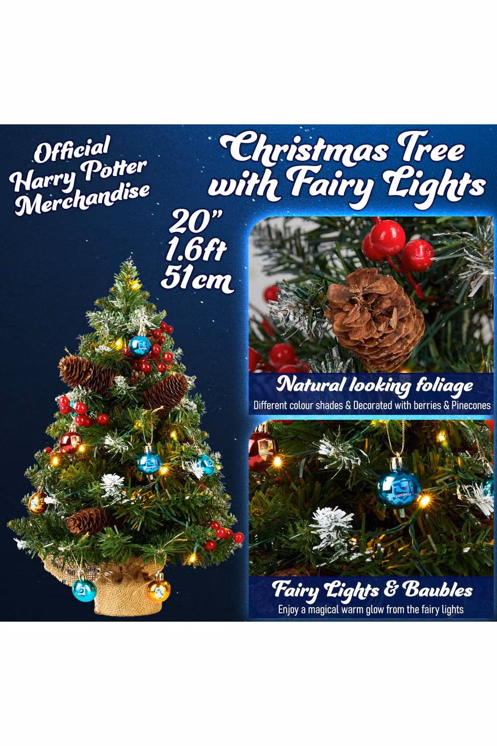 Harry Potter Pre-lit Mini Artificial Tabletop Christmas Tree with 12 Baubles and LED White String Lights, Green and Multicolour – 2