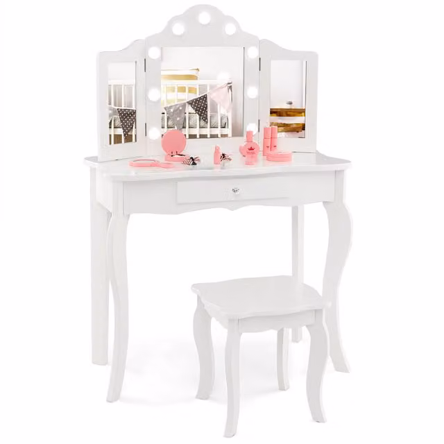 Costway 2-in-1 Kids Makeup Vanity Set with Folding Top in White