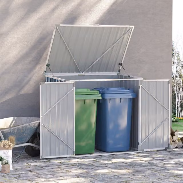 Outsunny Grey Steel 2-Bin Garden Storage Shed with Pent Roof