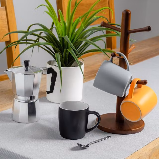 Argon Tableware Set of 6 Three-Tone Matt Porcelain Coffee Mugs, 350ml, Yellow, Grey and Black