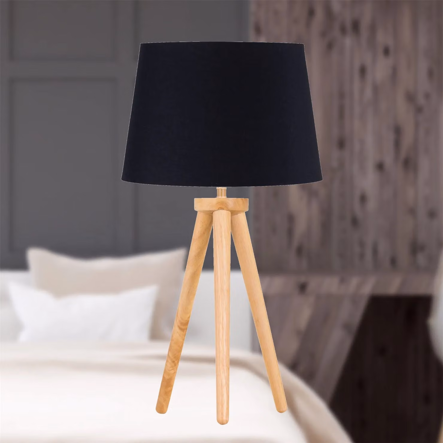 First Choice Lighting Set of 2 Light Oak Table Lamps with Black Fabric Shades in Brown – 4