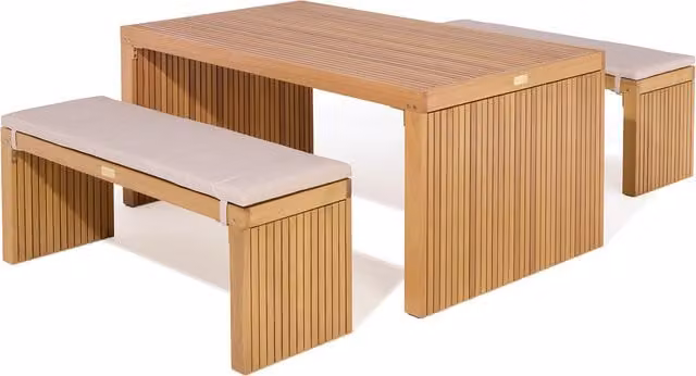 Rowlinson Kyoto 4 Seat Modern Rectangular Dining Set with Benches and Grey Cushions in Brown Treated Hardwood