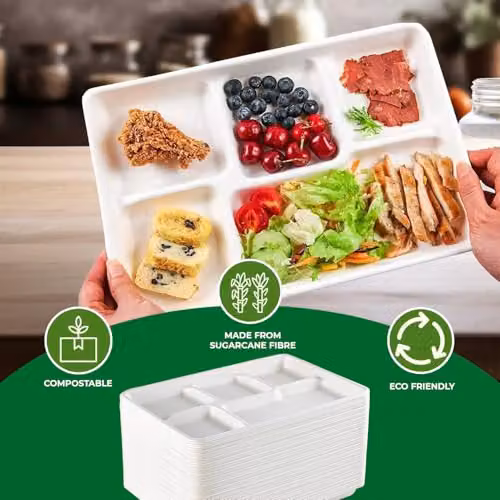 ECONX White 5 Compartment Bagasse Food Trays, 100% Compostable Sugarcane Paper Plates, Pack of 50 – 3