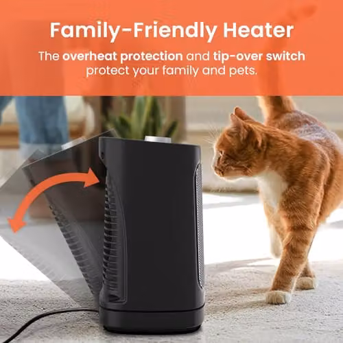 Pro Breeze 1800W Mini Ceramic Fan Heater in Black with Thermostat, Overheat and Tilt Protection – 6