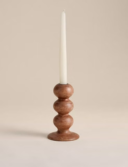 M&S Bobbin Wooden Taper Dinner Candle Holder in Brown and Beige