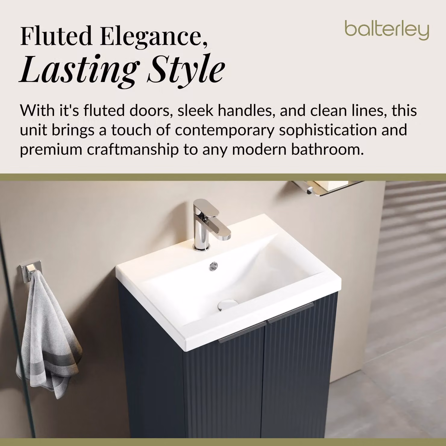 Balterley Fluted Front Floor Standing 2 Door Vanity Basin Unit in Dark Grey, W: 50 cm, H: 85 cm – 3