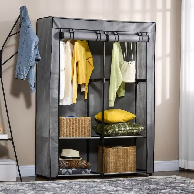 HOMCOM Portable Fabric Wardrobe with 4 Shelves and 2 Hanging Rails, Light Grey