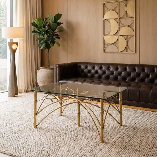 Orsina Rectangular Glass Topped Accent Table with Gold Bamboo Design Metal Legs – 2