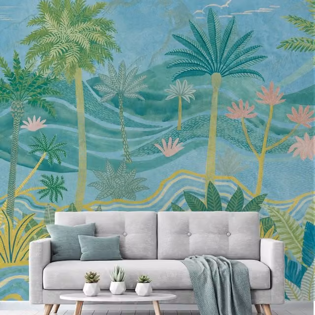 Grandeco Palm Spring Scene Blue Botanical Vinyl Mural Wallpaper