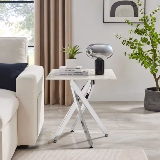 FurnitureboxUK Leonardo Square Marble Effect Glass Top Side Table with Silver Metal Starburst Legs in White