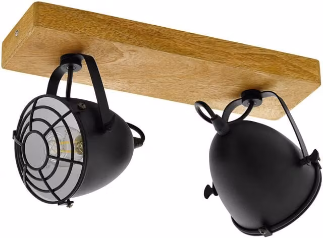 Loops Adjustable 2 Bulb Ceiling Spotlight with Wood and Black Dome Shades for Kitchens