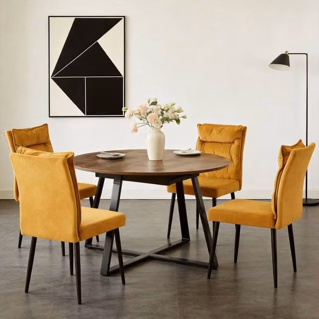 FURNITURE ONE 5-Piece Dining Set with Expandable Round Wood Table and 4 Upholstered Chairs in Brown