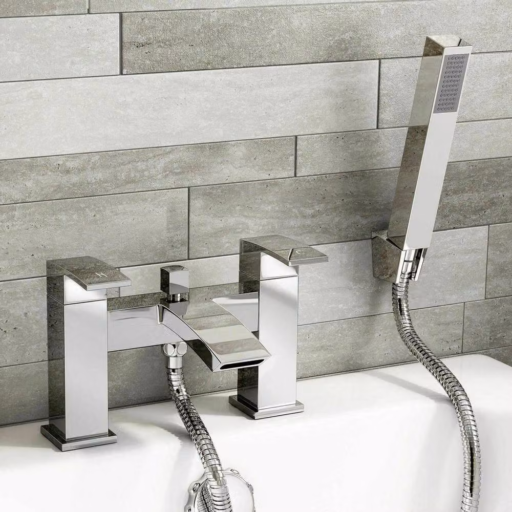 Hinsinc Luxury Two-Handle Countertop Bath Filler Shower Mixer Tap with Handset in Chrome Silver – 2
