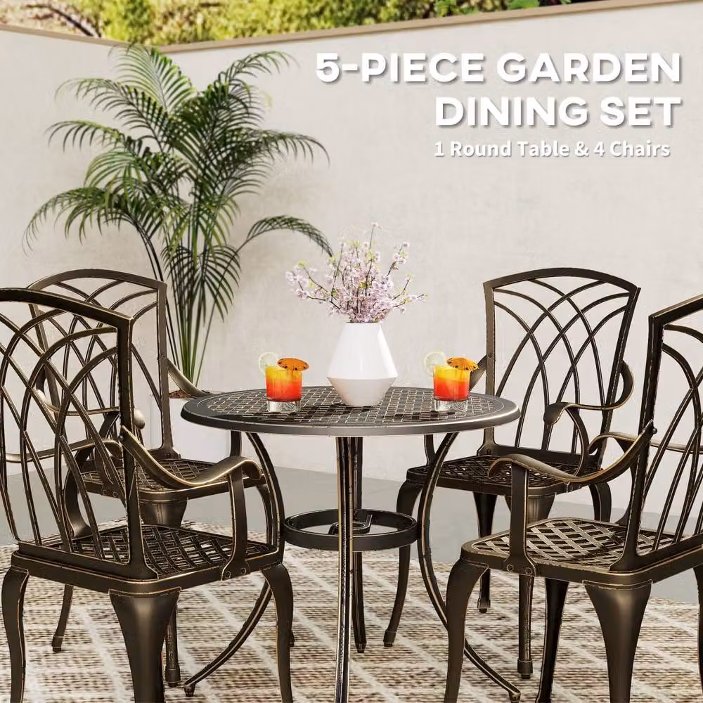 Wyld Haus Sake 4 Seater Bronze Cast Aluminium Garden Dining Set with Round Table – 4