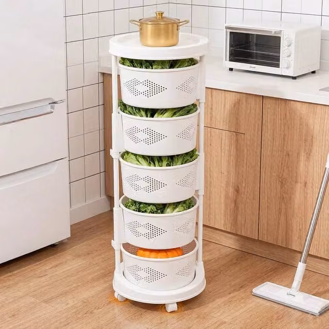 KORVIXA 5 Tier Rotating Storage Rack Trolley Cart in White with Adjustable Shelves