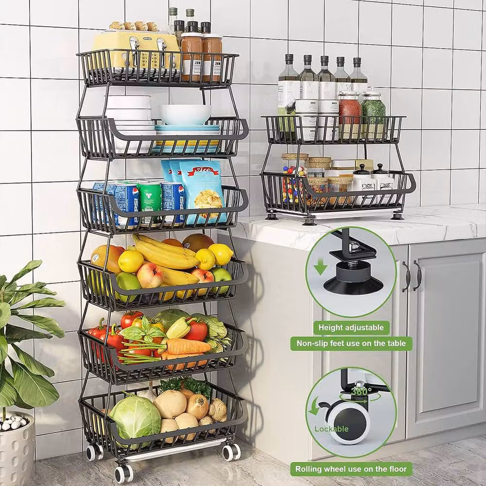 Living and Home Multi-tiered Metal Kitchen Storage Rack with Casters in Matt Black – 2