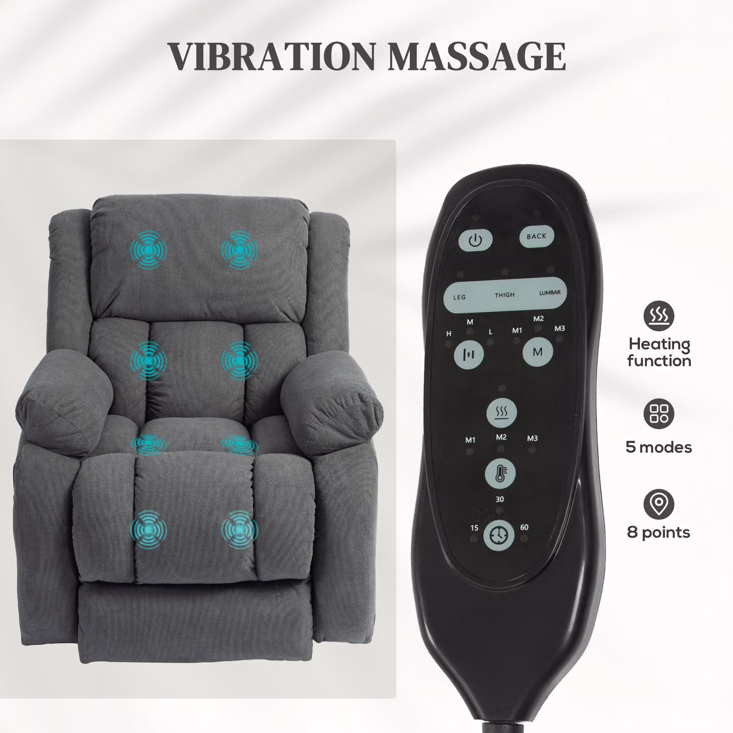 HOMCOM Electric Recliner Lift Chair with Vibration Massage, Heat, USB Port and Wide Seat in Grey Velvet Fabric – 4
