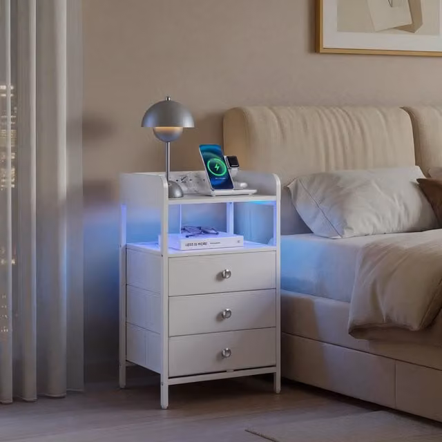 Yaheetech White Bedside Table with Integrated Lighting and Media Compartments